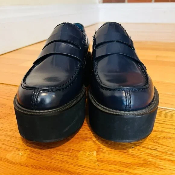 Jil Sander Navy Blue Leather Platform Shoes Eur 38.5 US 8 Chunky Loafers - Picture 4 of 15
